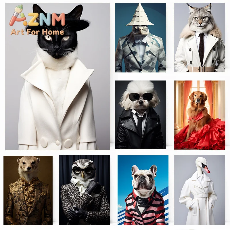 1pc frameless Canvas Painting Fashionable Dressing Animal Portrait Posters Deluxe Chic Animal Prints Canvas Painting Wall Art