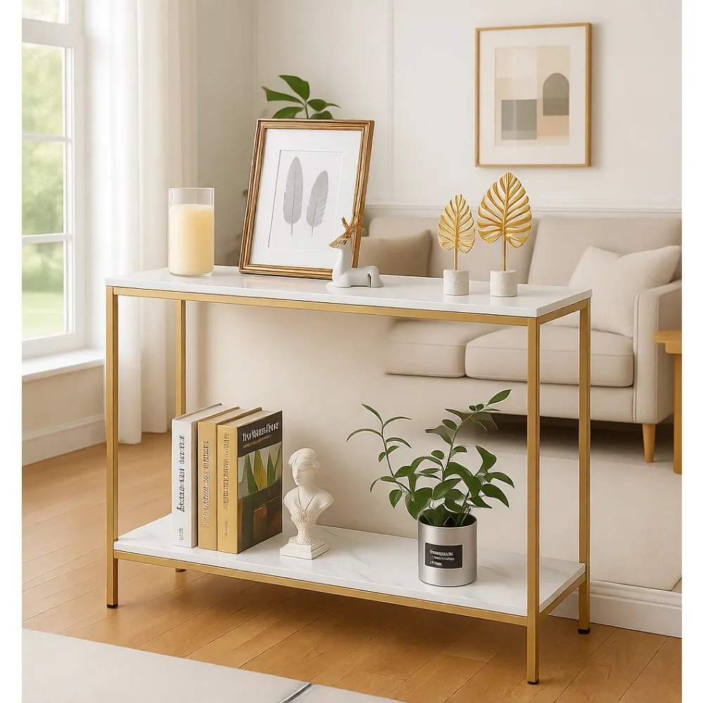 

Консольный столик для прихожей, имитация мрамора, МДФ, золотая рама, двухуровневый, белый