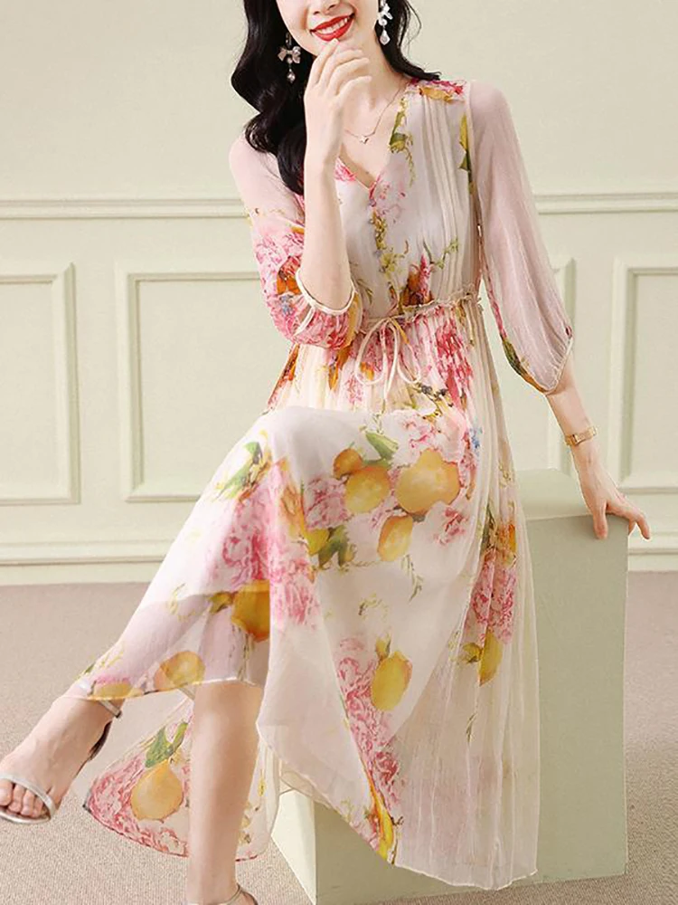 Summer Floral Silk V-Neck Bandage Long Dress Women Elegant Casual Beach Dress 2024 New Korean Fashion Chic Holiday Evening Dress