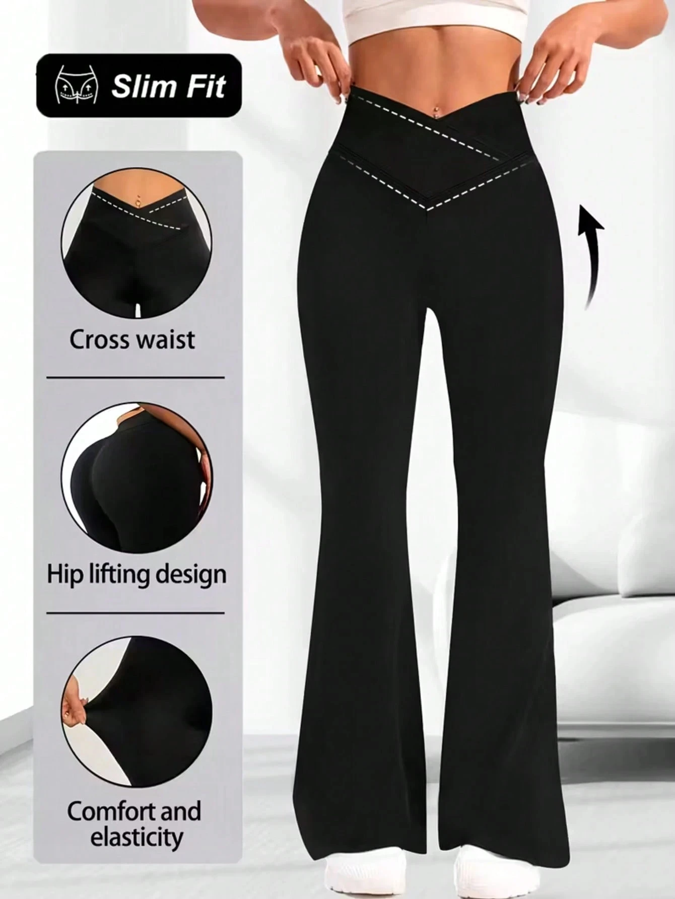 Hip Lifting Cross Waist Flare Pants Women Black Bootcut Leggings High Waist Slim Fit Stretch Comfy Workout Bottoms