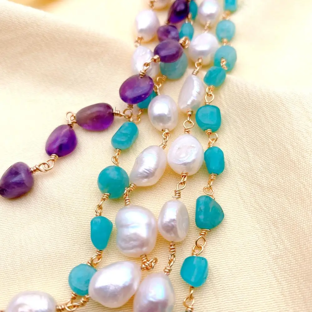 

Y·YING 5 Strands Cultured White Baroque Pearl Green Amazonite Amethyst Rosary Chain Necklace Jewelry Gifts