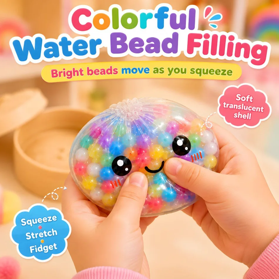 Colorful Rainbow Bead Dumpling Squishy Fidget Toy Sugar Edition Stress Relief Squeeze Toy with Bamboo Steamer Case
