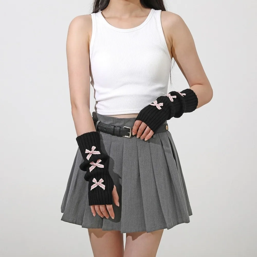 Y2K Thicken Bow Arm Warmers Long Knit Soft Knitted Y2K Fingerless Gloves Sweet Bowknot Sleeve Cover Girl