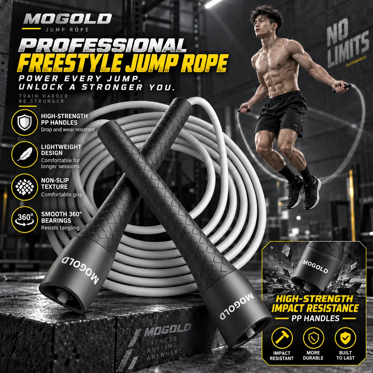 MOGOLD Professional Freestyle Jump Rope - Adjustable 3m PVC Skipping Rope with High-Strength Impact-Resistant PP Handles=
