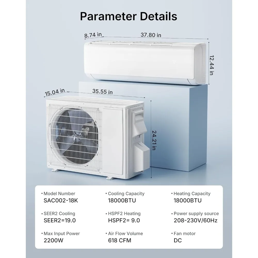 18000 BTU Mini Split Air Conditioner & Heat Pump, 230V 20 SEER2 Cooling Heating, Custom