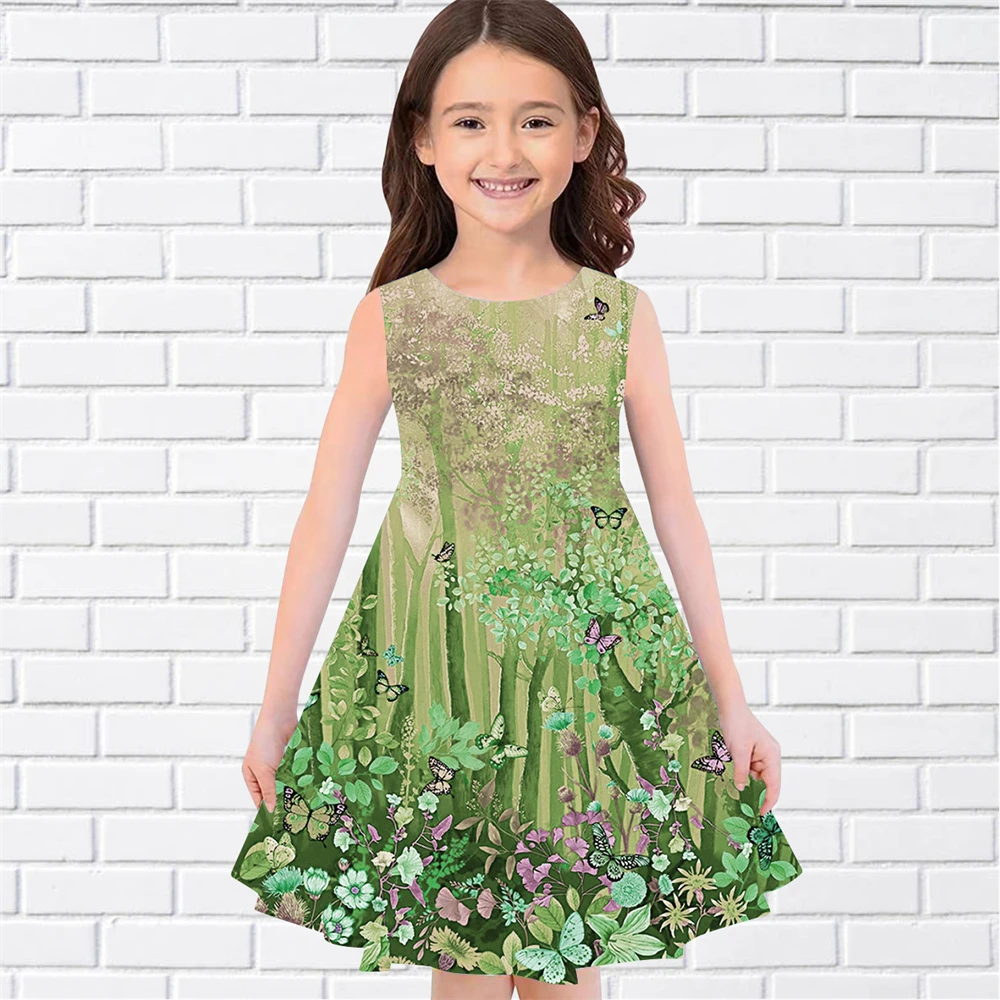 Teen Girls Colorful Flower Print Dresses Kids Girl Party Sleeveless Princess Dress Tank 3D Print Pretty Butterfly DressClothing