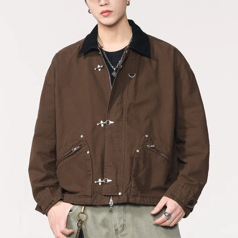 

Men Coat Spring Autumn Patchwork Turn Down Collar Male Cargo Jacket American Retro Long Sleeve Pocket Loose Man Outerwear