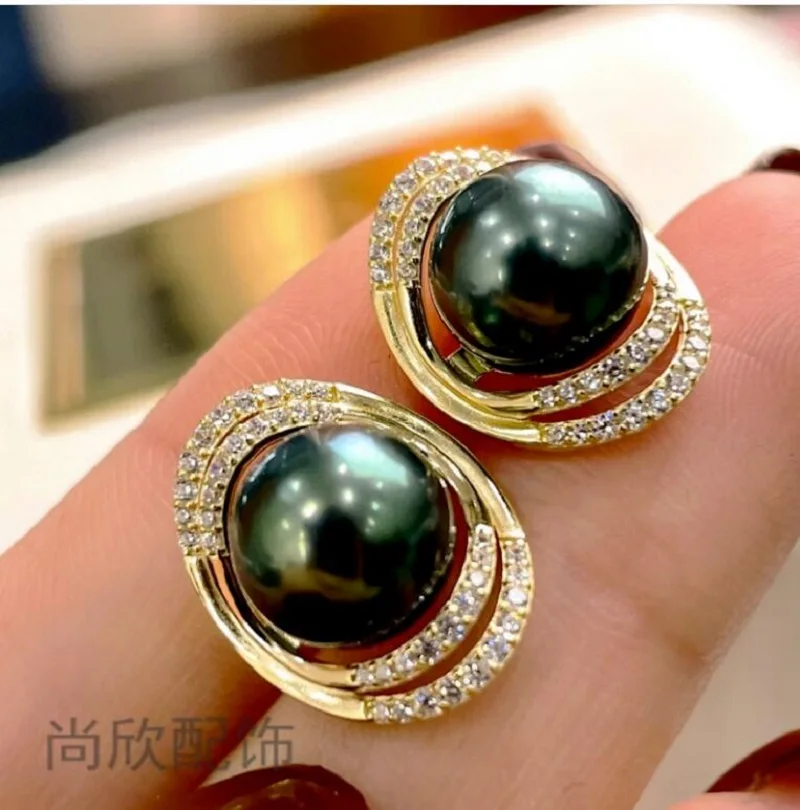 

Charming AAAAA 10-11mm Round Natural South China Sea Black Pearl Earrings 925S-