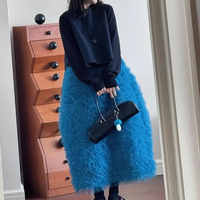 New Fashion Sweet Mesh Skirt Women Spring Summer Retro Elastic Waist Ruffles Long Skirts Club Party Long Tulle Jupe