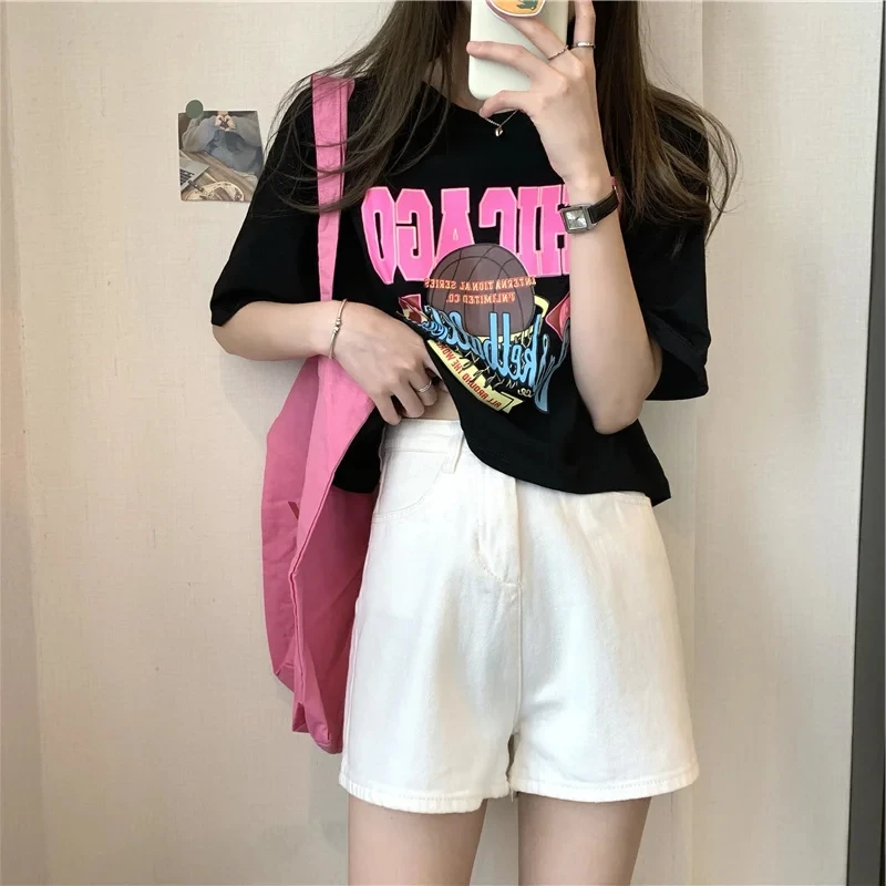 American Fashion Brand T-shirt Women Loose Cotton T Shirt Top Ins Trendy Casual  Gyaru Niche Inner Wear Short Sleeve Summer