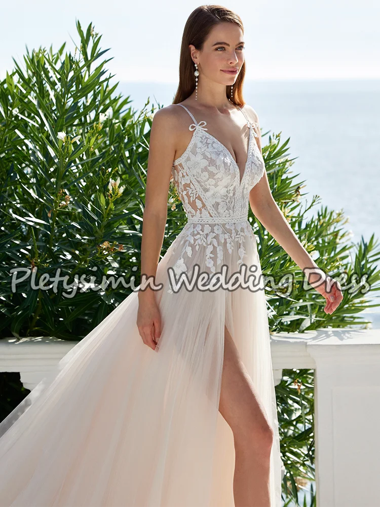 Vestido de novia con abertura larga de encaje para playa, vestido de novia Sexy de tul transparente con escote en V profundo y tirantes finos para novia, personalizado 2026