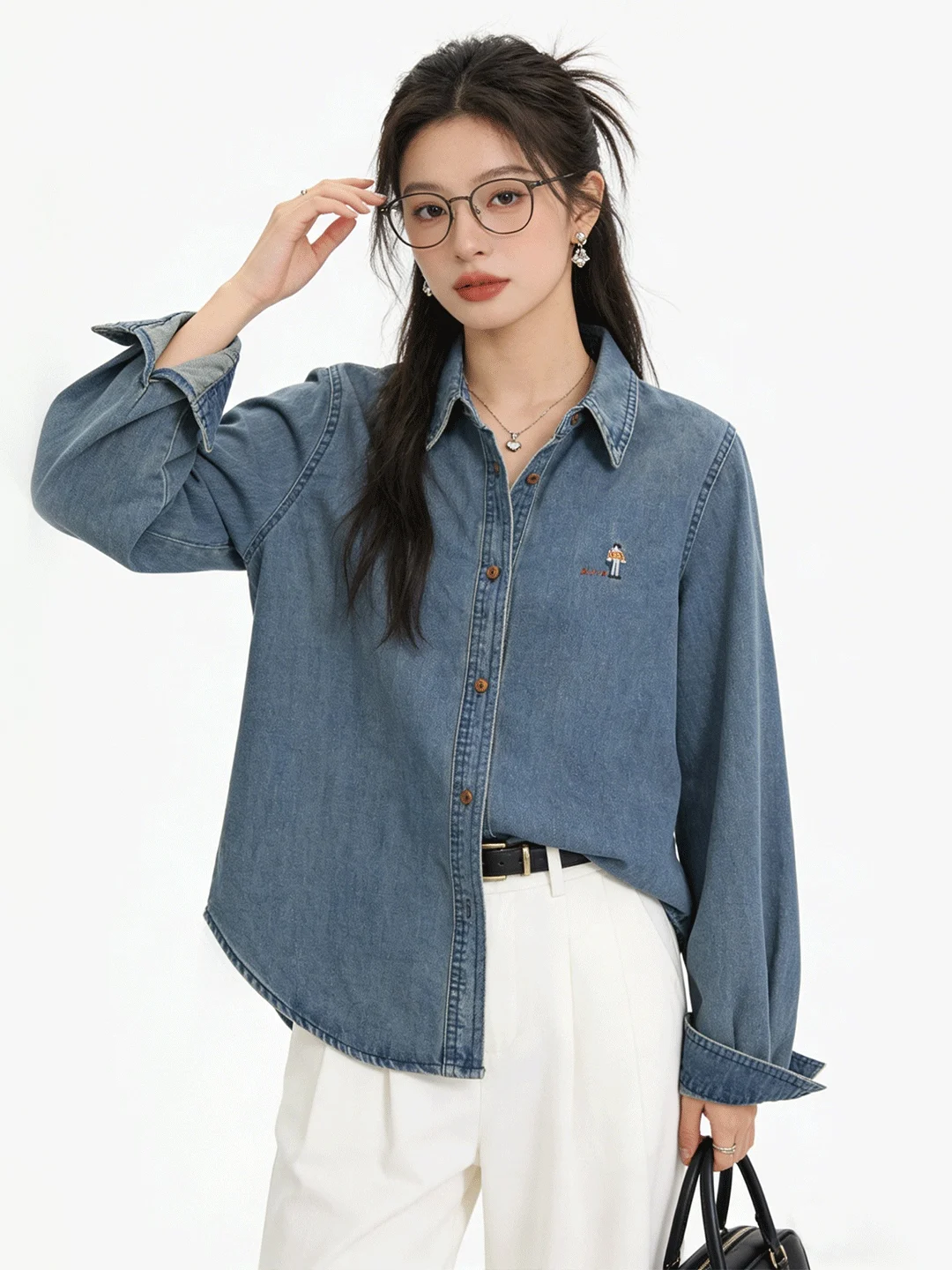 

Casual Embroidered Thin Denim irt Jaet Loose Fit Korean Sle Long Sve Breathable Comfortable Daily Wear for Women