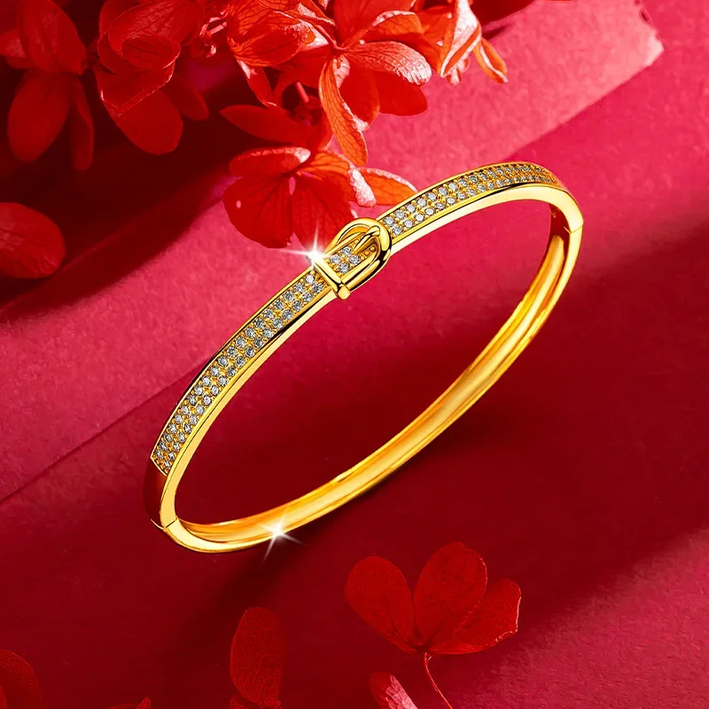 

9999 24K Real Gold European and American High-end Diamond Studded Horseshoe Buckle Bracelet Belt Buckle Micro Inlaid Bracelet