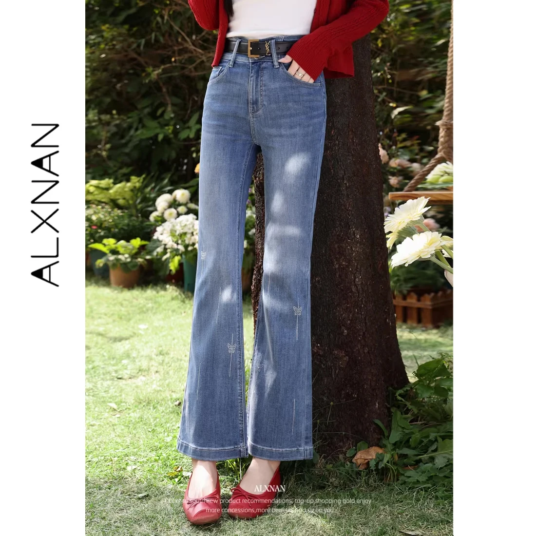 

ALXNAN Винтажные синие расклешенные джинсы женские с высокой талией, с вышивкой бабочек, повседневные, весна 2026, длинные джинсовые брюки, женские L62218