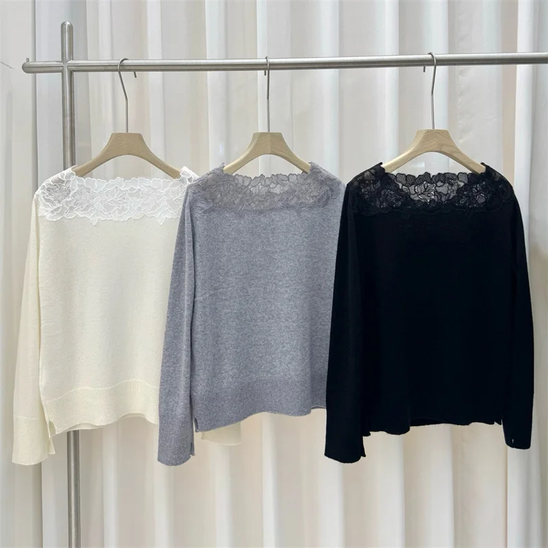 Damenpullover Neues, elastisches, gestricktes, schmal geschnittenes, langärmliges Oberteil für den Herbst 2025. Spitzen-Patchwork-Pullover mit einem Halsausschnitt aus Wollmischung