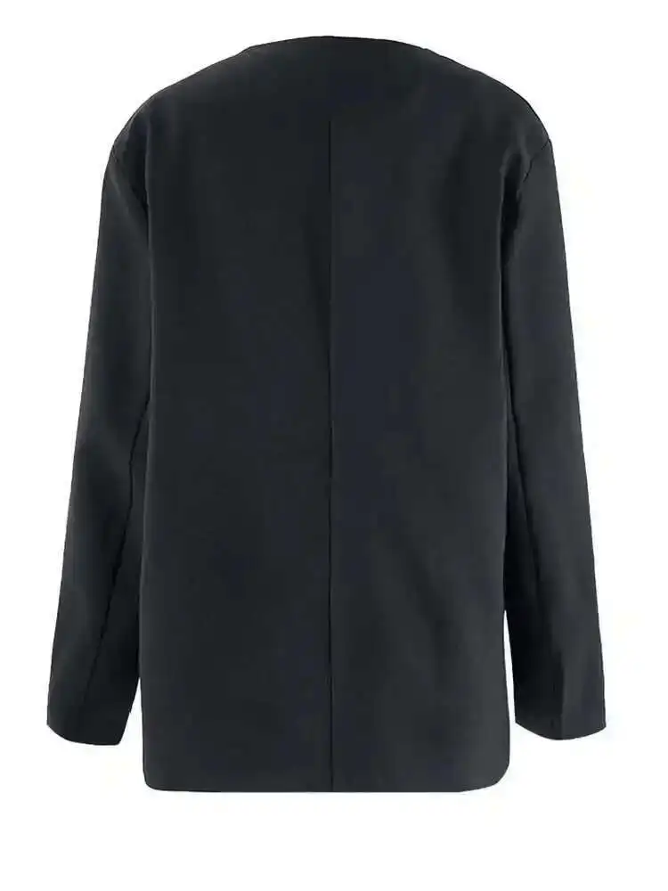 ZMEENNA レディース ブラック 非対称ラップ フロント ブレザー 竹プリント デザイン V ネック シングル ボタン 長袖 カジュアル ZM3288