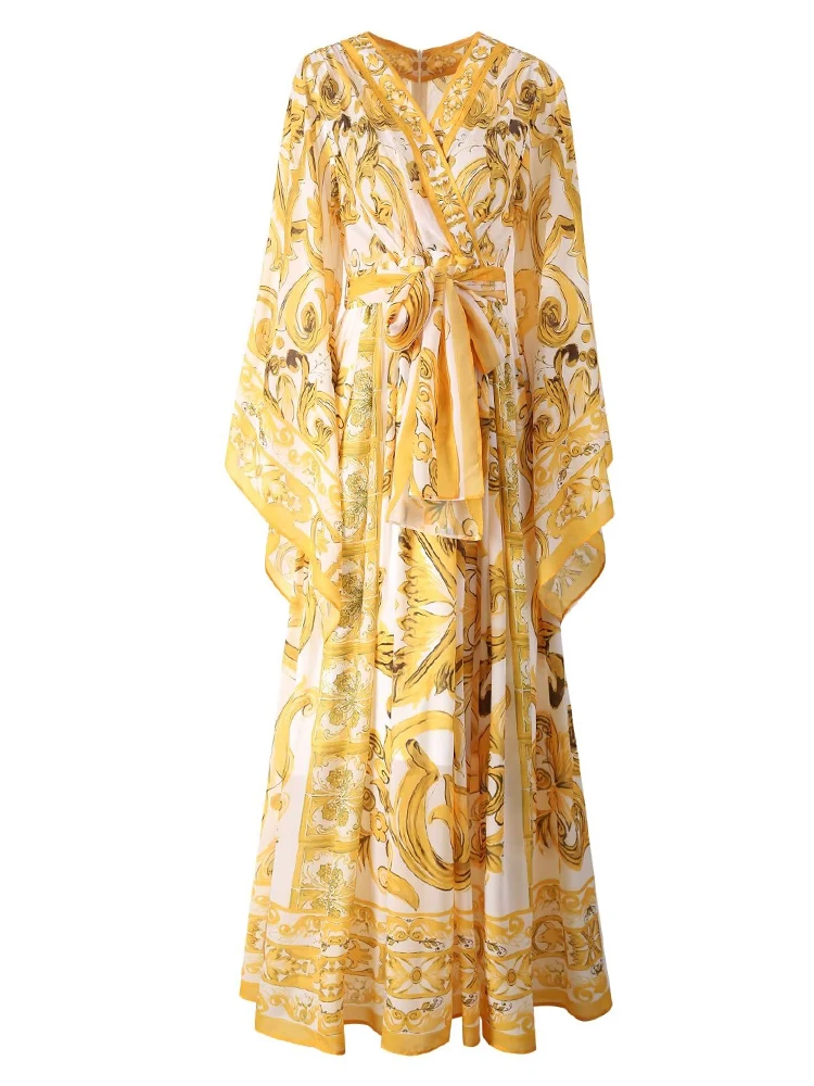 

SEQINYY Elegant Long Dress Summer Spring New Fashion Design Women Runway Flare Sleeve Chiffon V-Neck Vintage Yellow Flower Print