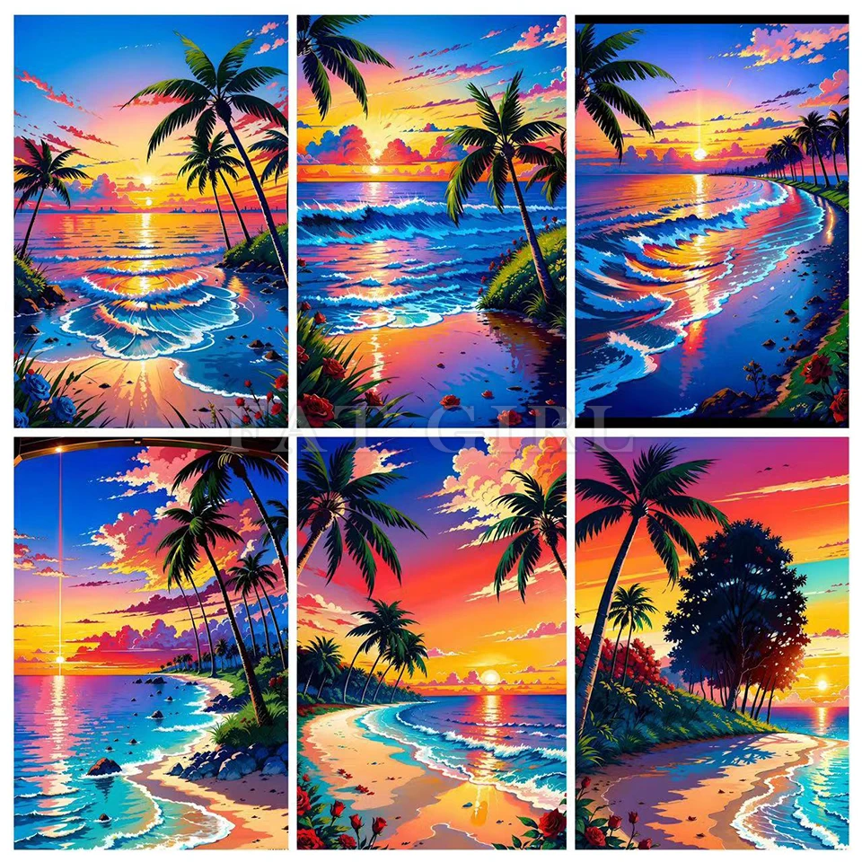 Full Display New Diamond Painting Pictures Beach Coconut Tree Scenery Diamond Embroidery Dream Setting Sun Handmade Home Decor