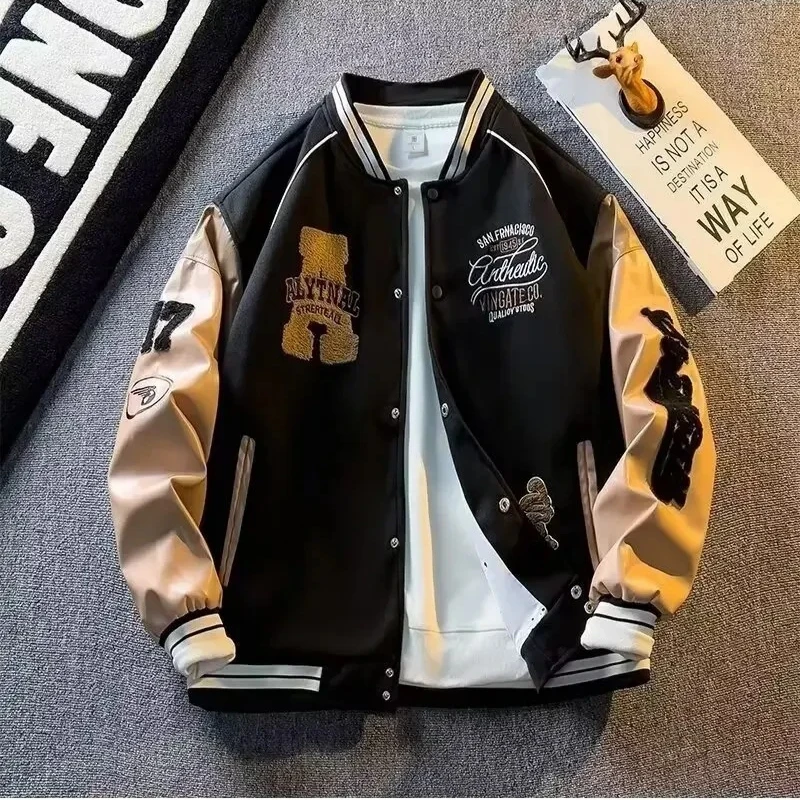 

Весенне-осенняя мужская шерстяная куртка с цветными блоками, бейсбольная форма, винтажное корейское лоскутное кожаное пальто с вышивкой, мужская одежда