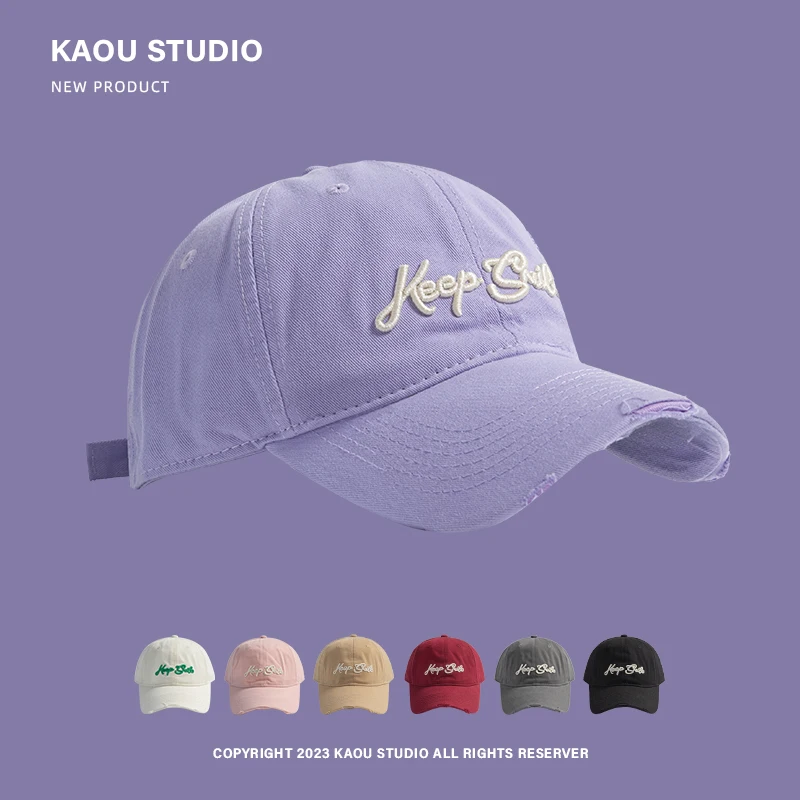 

Hat Female Street Ripped Trendy Embroidery Korean Peaked Cap Soft Top Spring and Autumn Baseball Cap Men