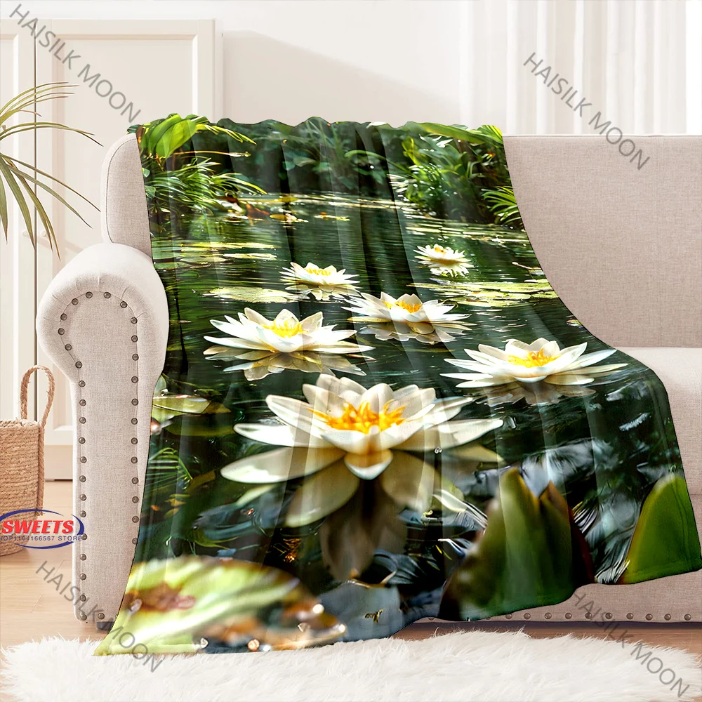 Water Lily Print Throw Blanket, All Seasons, Cozy Warm Soft Lightweight Bed Sofa Living Room Office Blanket, Female Friend Gift