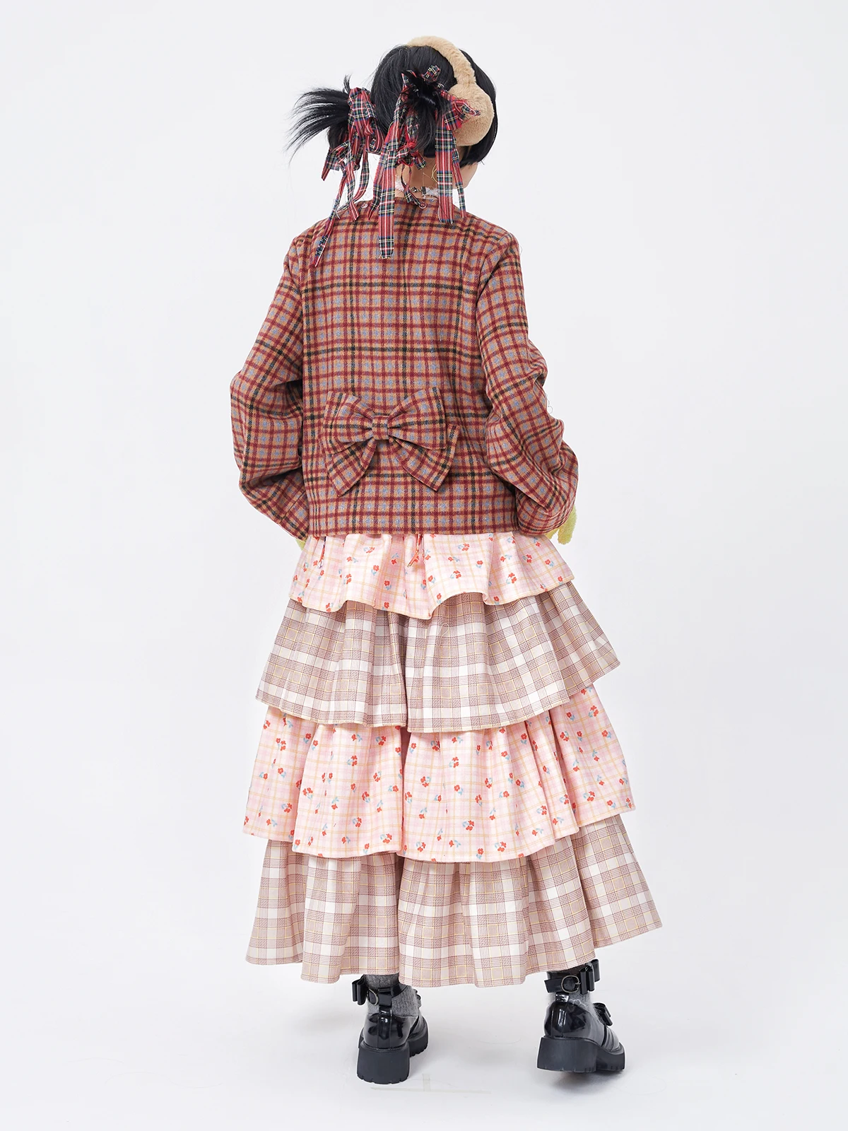 Japan JK Lolita Girls Pink Tiered Puff Cake Skirt Women Retro Cute Style, Plaid & Cherry Print Midi Skirt for Fall Winter Season