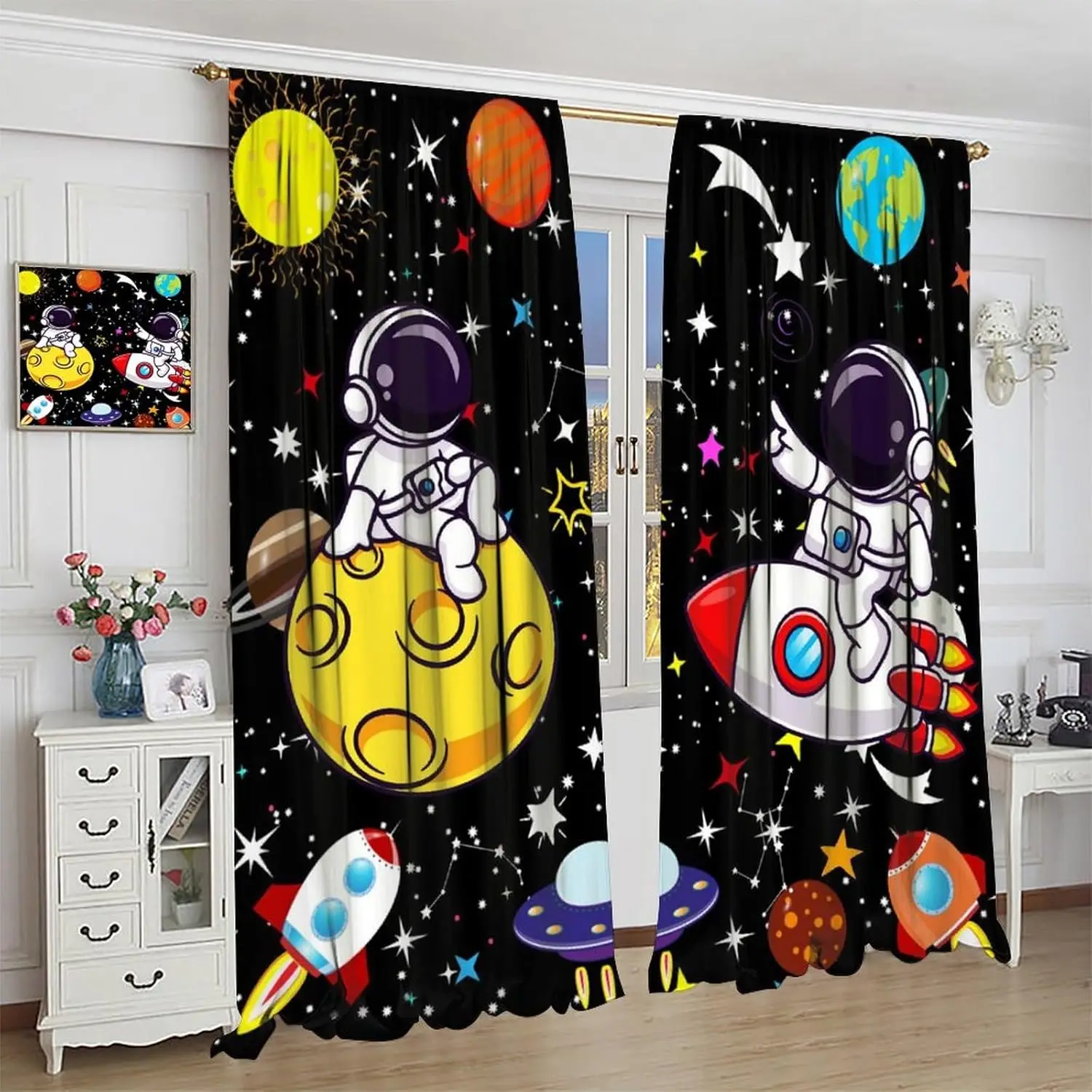 

Занавеска с космическим астронавтом, мультяшная солнечная система, Вселенная, ракета, космический корабль, планета, земля, звезды, оконные шторы для детей и мальчиков