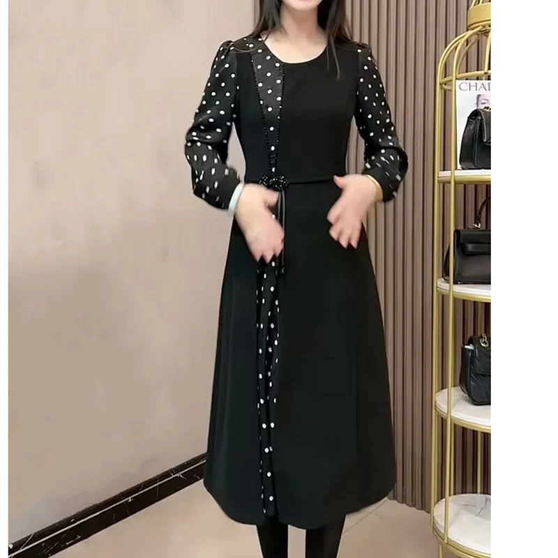 Fashion O-Neck Button Polka Dot Fake Two Pieces Midi Dress Women\'s Clothing Autumn New Loose Office Lady Vintage Dresses