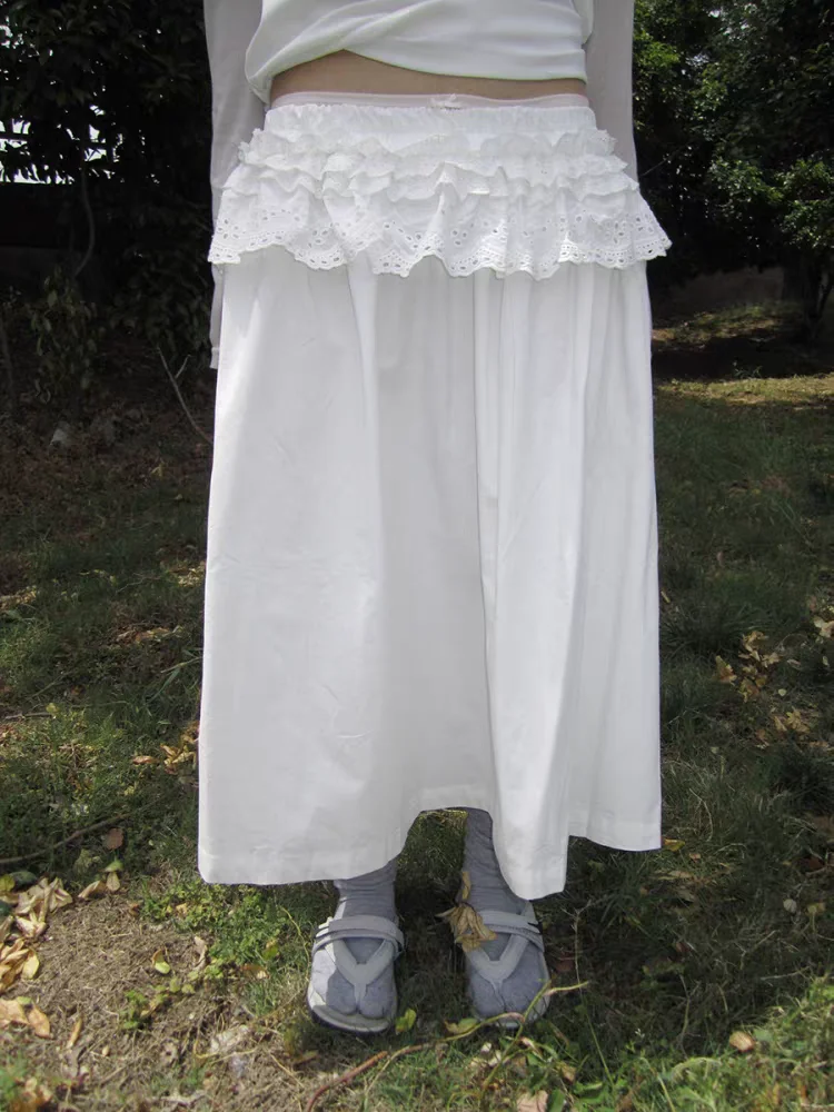 Retro Early Spring Wooden  Ear Splicing Elastic Waist A-Line Skirt Women Casual Style Half Body Skirt Versatile Skirt