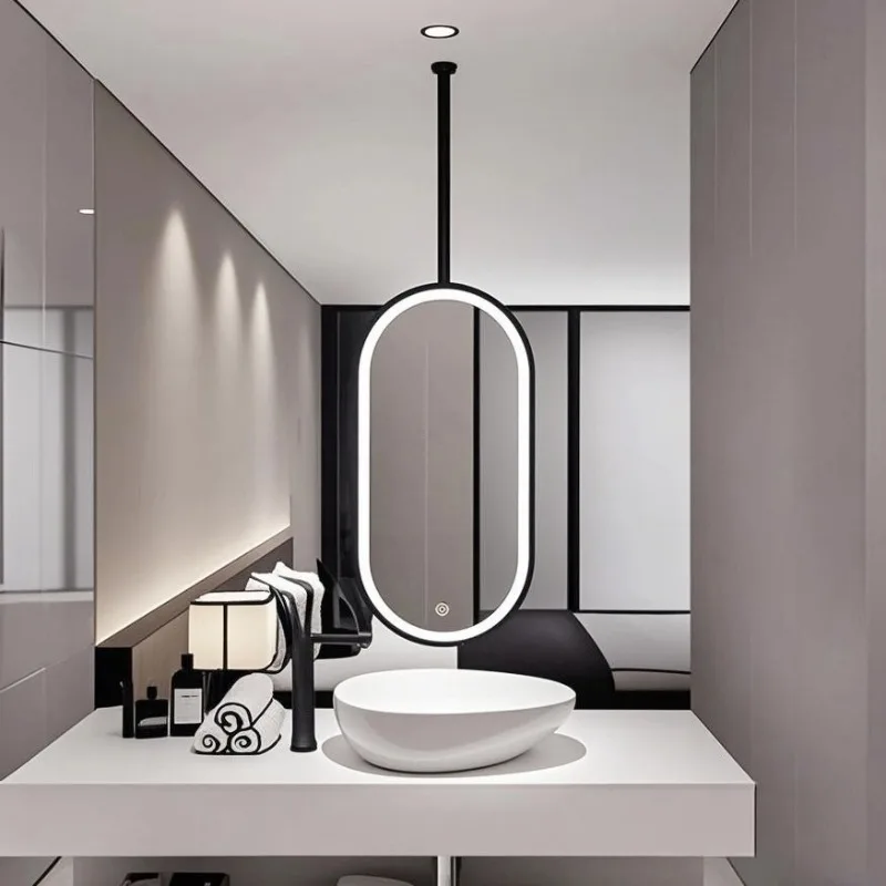 Style Hotel Pendant Mirror With Suspended Light Emitting Bathroom Pendant Mirror With Elliptical Shape Barber Shop Mirror