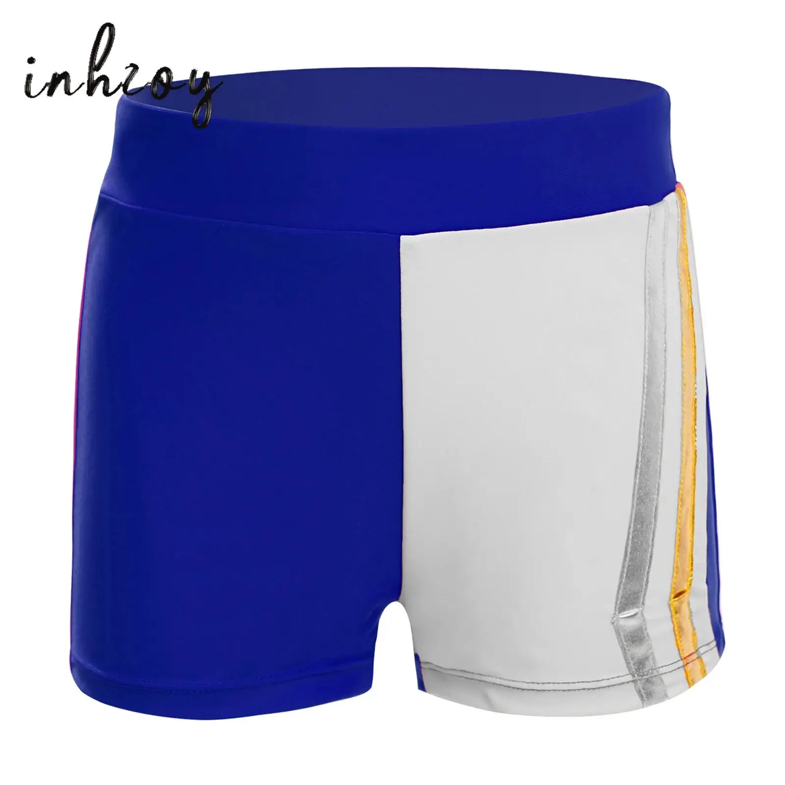 

Kids Girls Gymnastics Dance Shorts Metallic Striped Color Block Elastic Waistband Shorts for Jazz Cheerleading Dance Competition