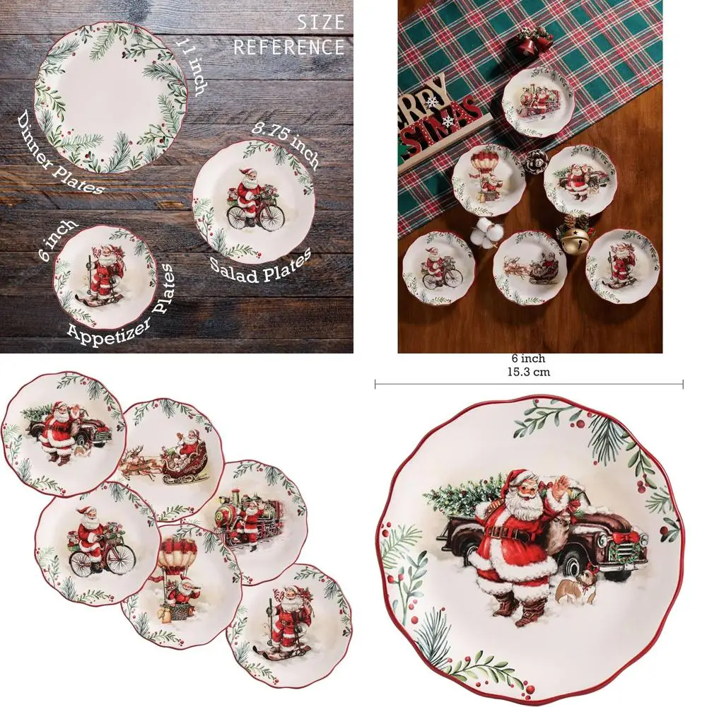 

6-дюймовые керамические тарелки для закусок на тему Санта-Клауса, набор из 6 штук, идеально подходят для закусок, салатов и праздничных подарков
