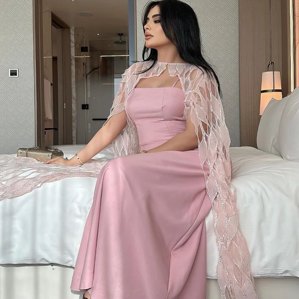 

Long Evening Dress For Sexy Women 2024 فساتين السهرة Elegant Pearls Cap Sleeve A-Line Formal Pink Cocktail Party Prom Gown