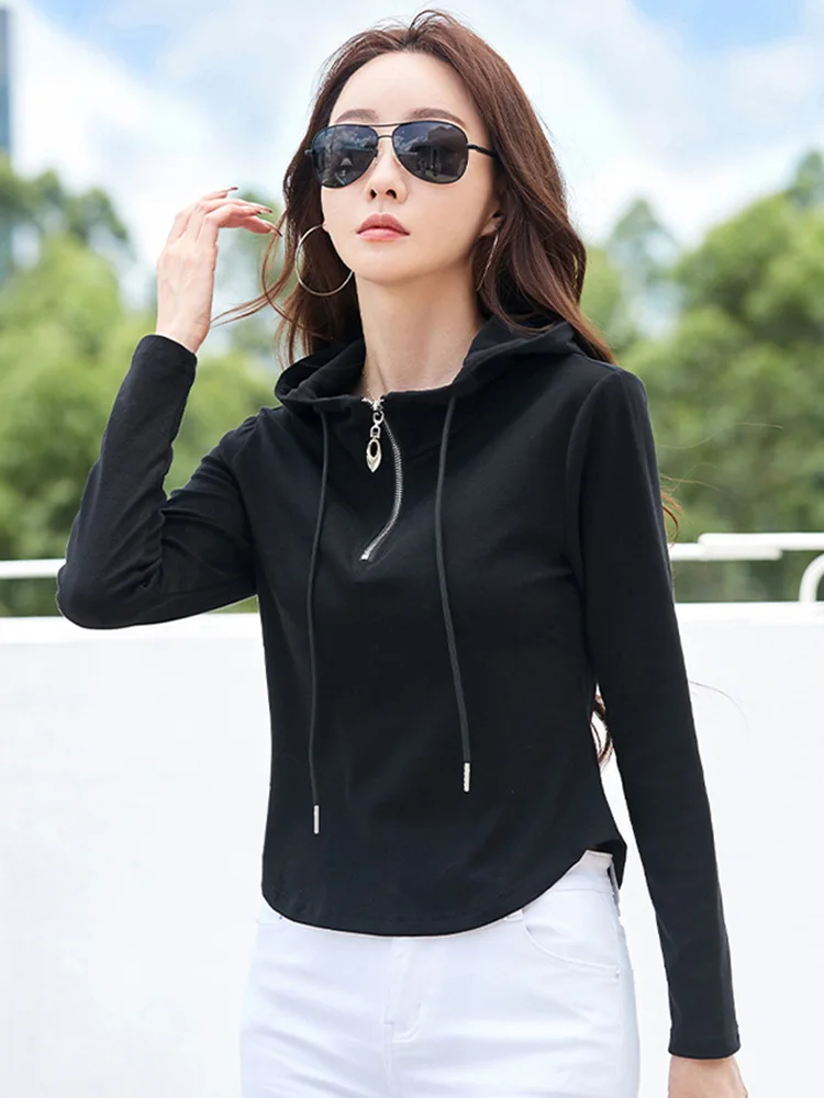 New Women Spring Autumn Hooded Pullovers Fashion Solid Color Long Sleeve Cotton Short Hoodies Simplicity Casual T-shirt