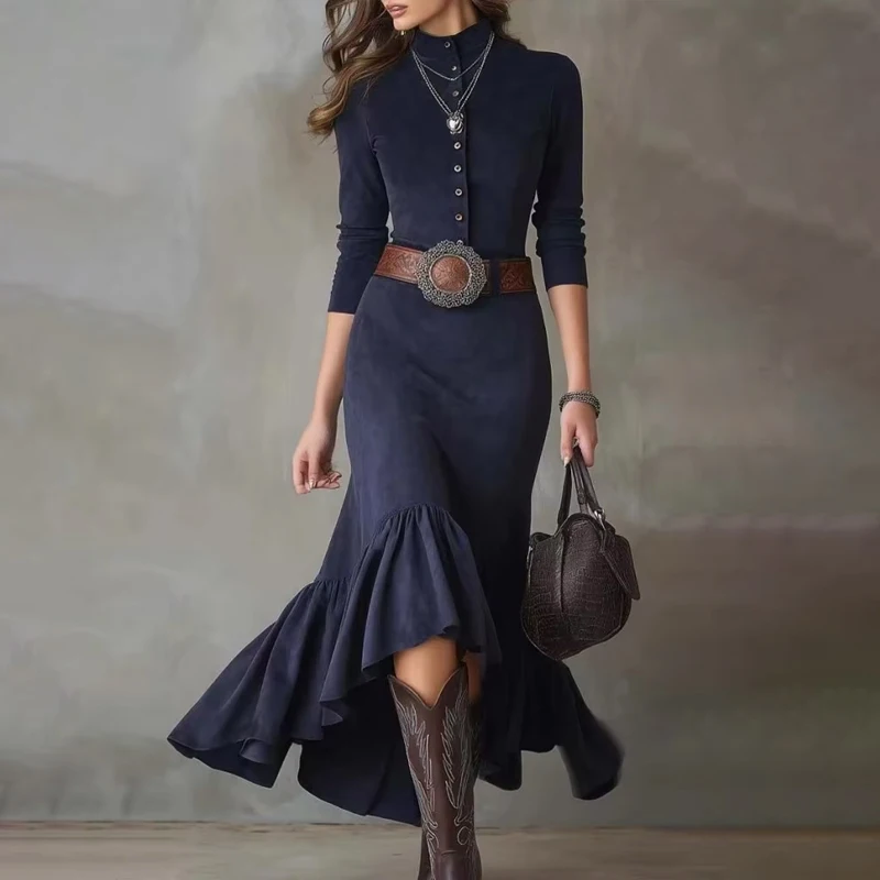 

Autumn Women's Suede Slim Dress Long Sleeve Button Irregular Hem Dress Retro Western Cowgirl Style Elegant Party Dress with Belt