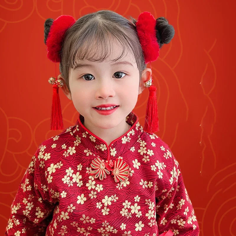 

2PCS New Tassel Big Red Chinese-style Hair Accessories Cute Children’s Day And New Year Performances Imitation Rabbit Hair Loops