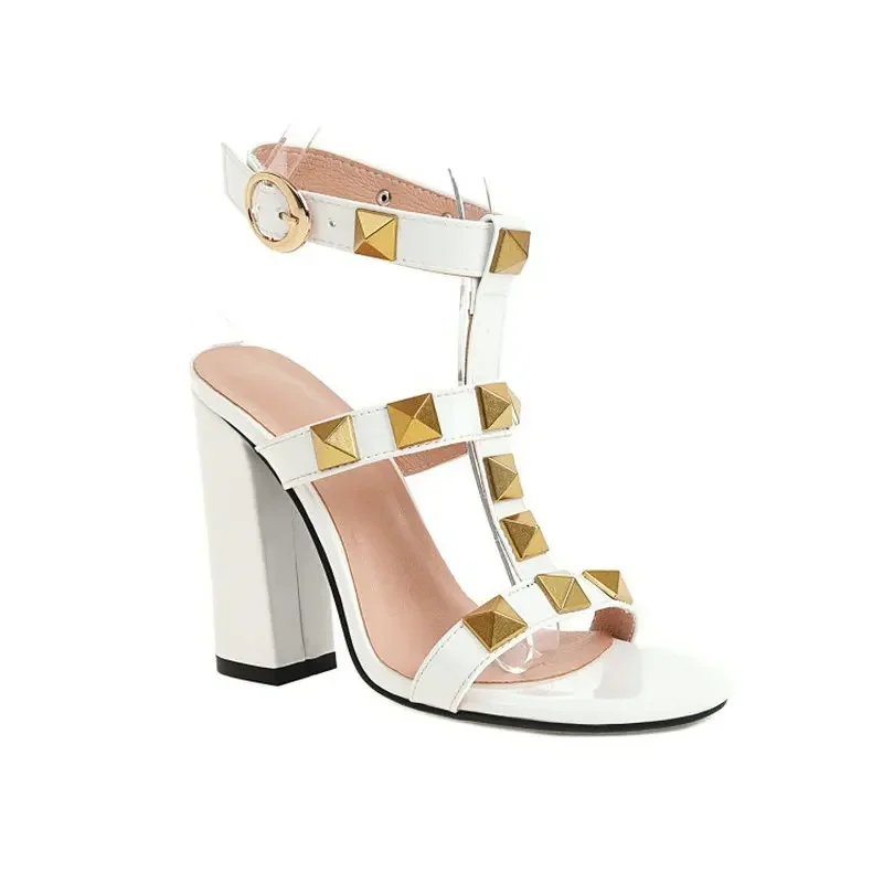 Luxury Summer Sexy Bandage Block High Heels Womens Shoes White Extra Big Size 45 46 47 Women Gladiator Sandals With Big Rivets image 5