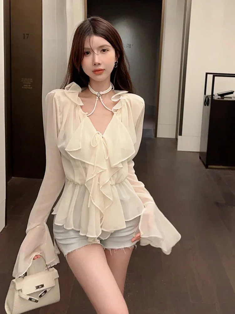 Women Spring Blouse Irregular Flared Sleeve Chiffon Shirt with A New Style of Ruffle V-neck Lace-up Sunscreen Top D3213