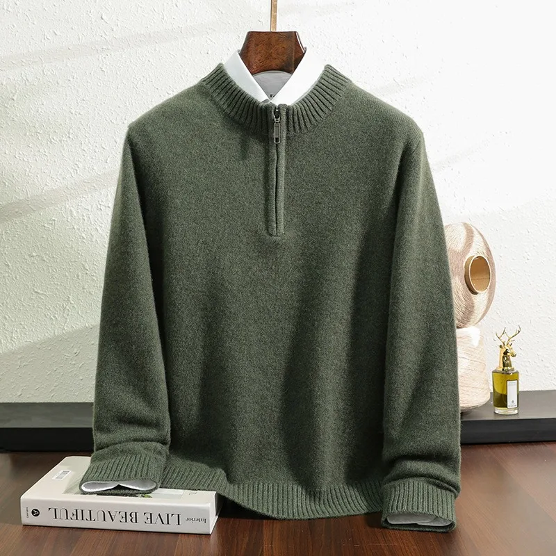

Men Thickened Cashmere Knitted Sweater Autumn Winter Warm Turtleneck Zipper Wool Pullover