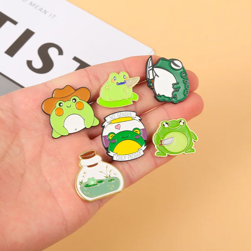 Green Frog Enamel Pins Cowboy Hat Cute Lovely Metal Brooches Lapel Badge Jewelry Gift for Friends Free Shipping