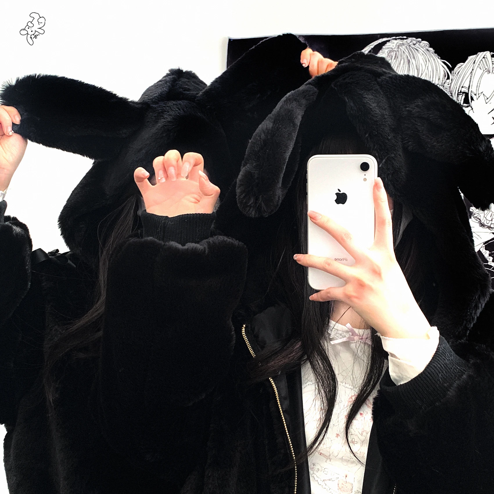 Japanese Style Tie-Up Long Sleeve Sweet Pink Plush Bunny Ear Zipper Lace-Up Hooded Jacket Winter Clothes Women Faux Fur Coats