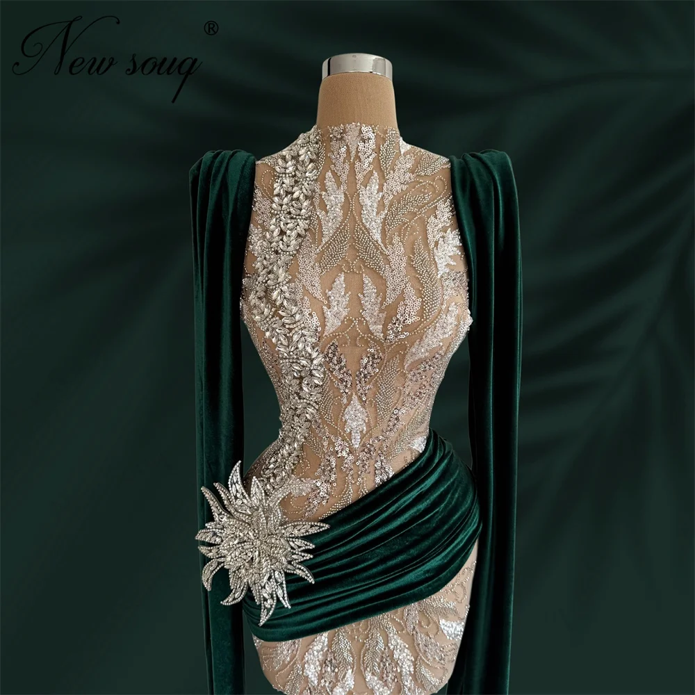 MIddle East Green Beading Cocktail Dresses Vintage Lace Mermaid Wedding Party Dress Customized Dubai Long Sleeves Evening Dress