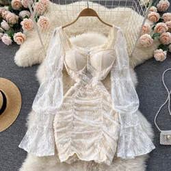 French Elegant Women Floral Lace Fairy Dress Sexy Hollow Out Long Flare Sleeve Padded Square Collar Ruched Mini Party Dress Robe