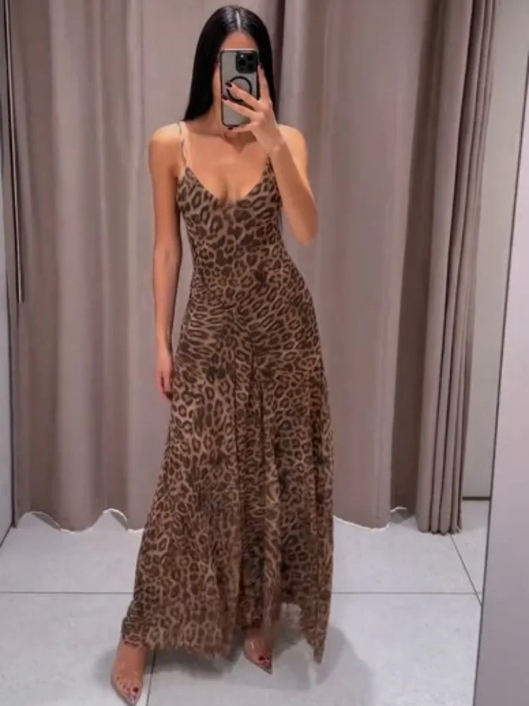 Vintage-Chic Leopardenmuster Sling-Kleid für Damen, Lässiges Rückenfreies Plissiertes Kleid mit Schlitz und Spaghettiträgern, Urlaubskleidung für den Strand