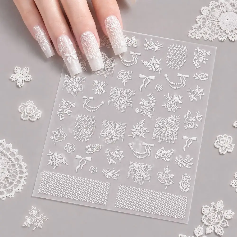 Premium White Lace Nail Sliders 5D Rose Embossed Self Adhesive Decals High Quality Salon Nail Art Decorations for Women Girls