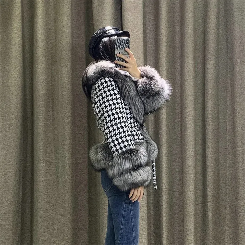 Trendvestidos De FiestaFur Coat 'S 2024 New Youth Haining Women'S Short Thousand Bird Plaid Collar Silver Fox Fur Coa