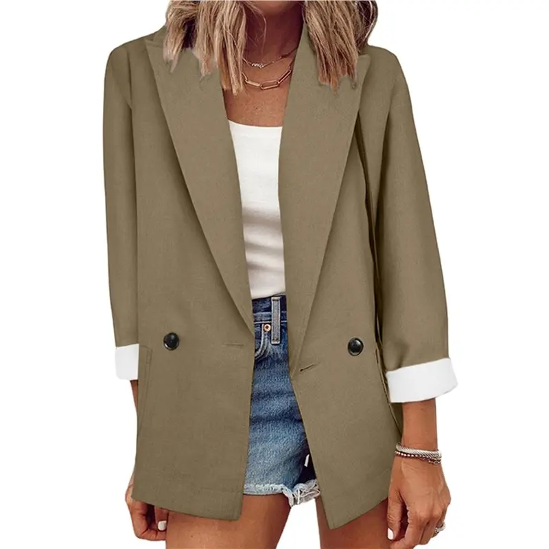 

CYL-Womens Solid Color Open Front Blazer Long Sleeve Office Jacket Work Cardigan With Pockets