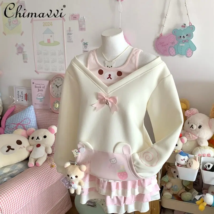 

Original Spring New Japanese Soft Girl Color Block Long Sleeve Sweatshirt Top Elastic Waist Polka Dot Cake Skirt 2Piece Set