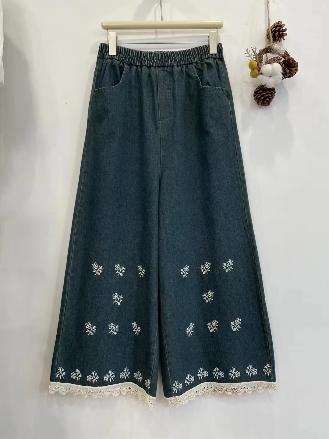 Jean Denim en Coton Brodé à Taille artificiel astique pour Femme, Jean à Jambes Larges de Style Japonais Mori Girl, Nouvelle Collection Printemps 2025, B4D813CC