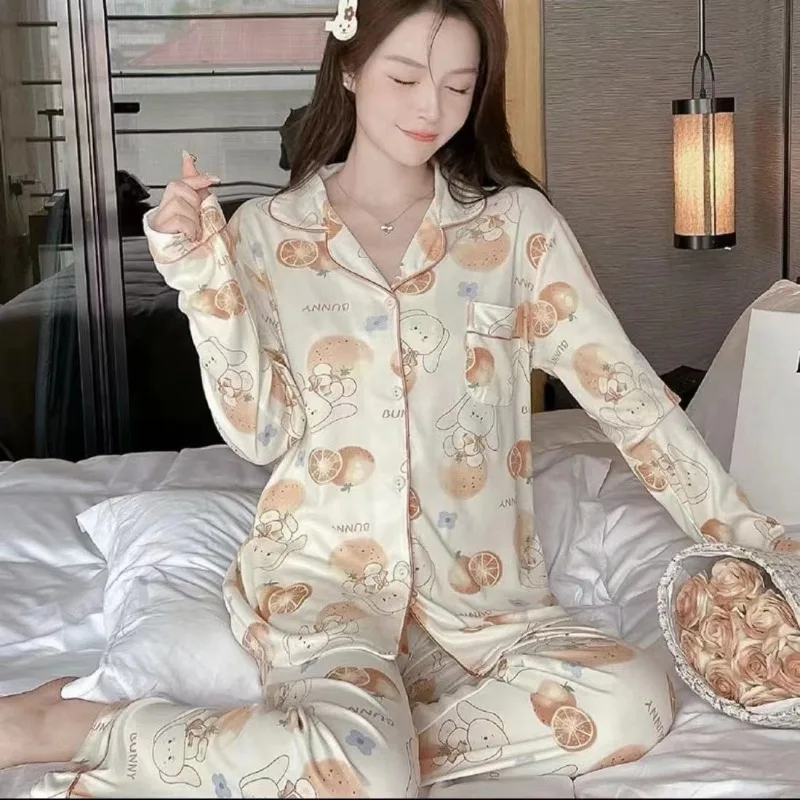 2024 New Women's Pajamas Autumn Long Sleeve Loose Large Size Loungewear Set Cute Cartoon Homewear Cardigan Spring Sleepwear Suit